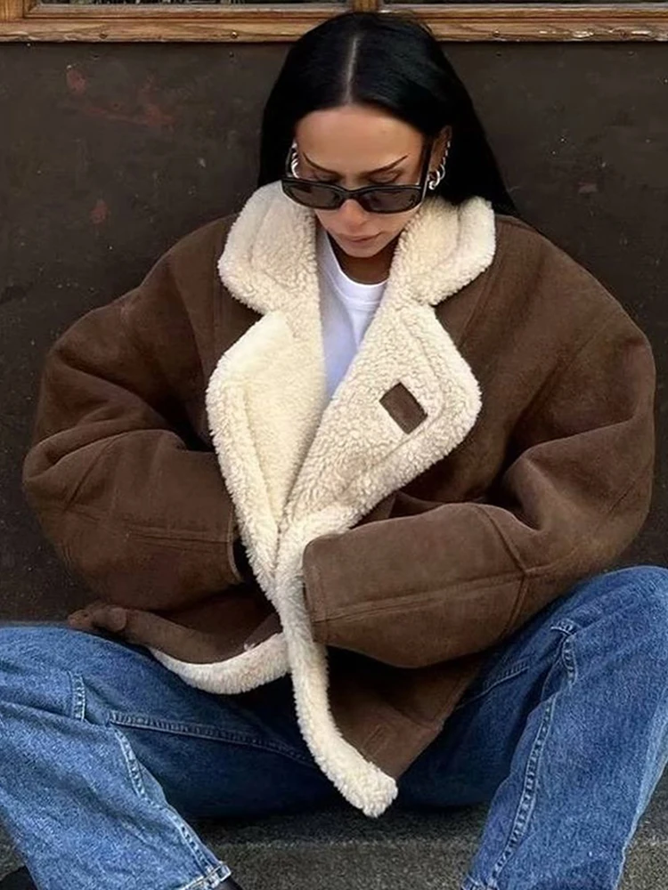 Vintage Faux Leather Warm Coat Thick Fluffy Splicing Big Lapel Coats Female Long Sleeve Outerwear Winter Lady Street Jackets 5