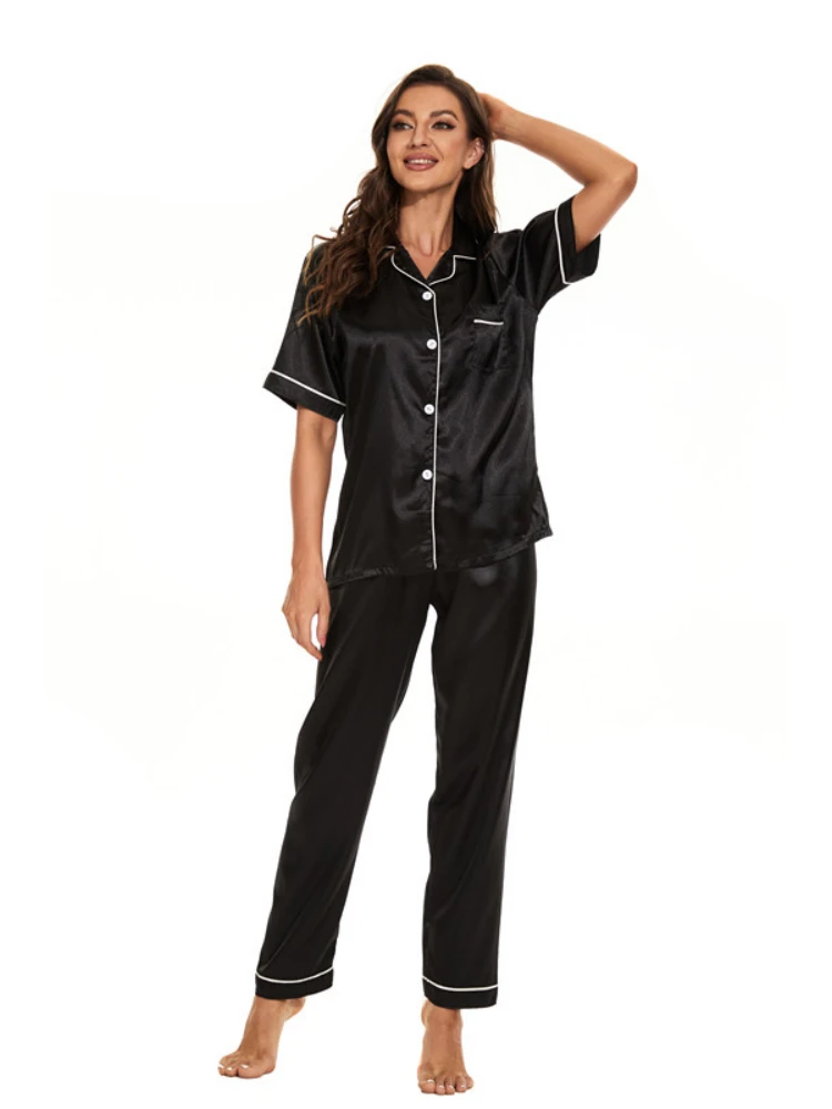 Women Satin Party Pajamas Set 2 Pieces Short Sleeve Casual Homewear Spring Summer Silk Sleepwear Set