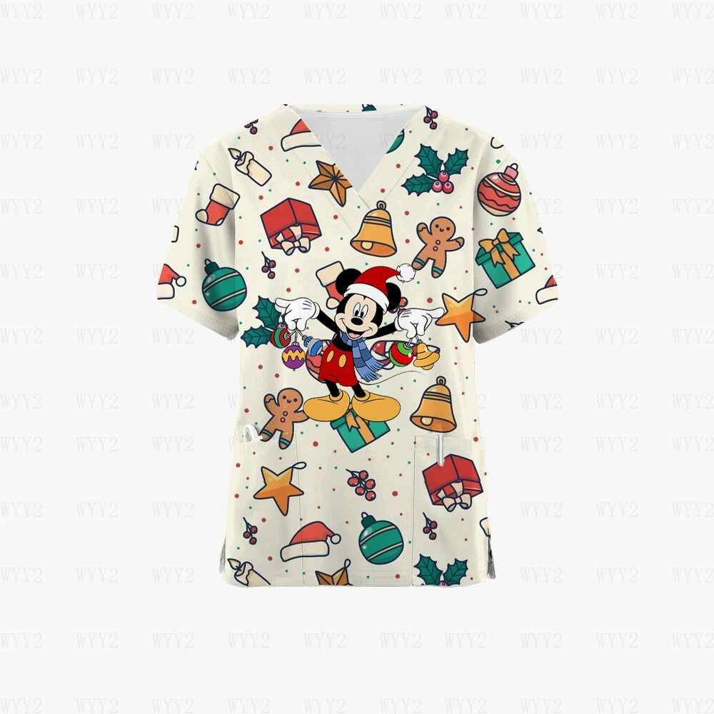 

Cartoon Minnie Stitch Print Christmas Nursing Clothes Women's Tops Short Sleeve Pet Scrubs Work Uniform Shirt Costume Shirt Wome