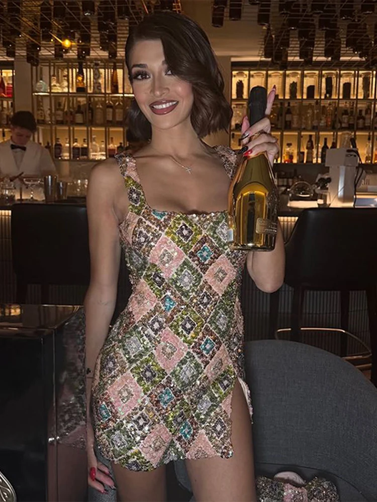Diamond Grid Sequin Slip Dress Colorful Flower Split Halter Sexy