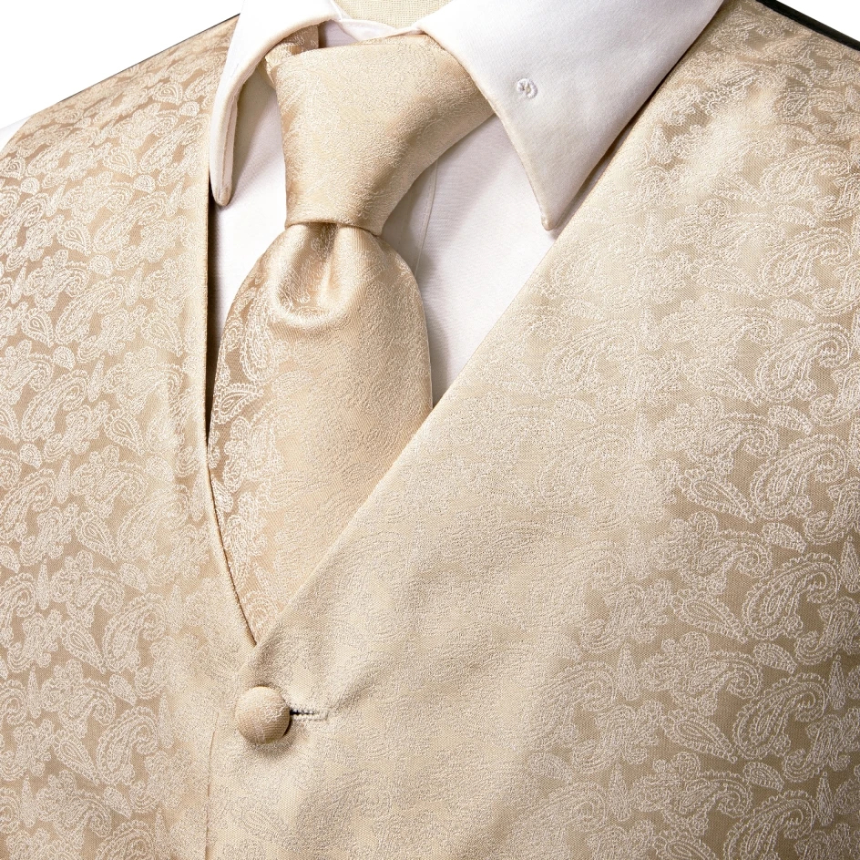 Hi-Tie High Quality Silk Mens Vests Champagne Paisley Waistcoat Neck Tie Hanky Cufflinks Brooch Set for Men Suit Wedding Office 3
