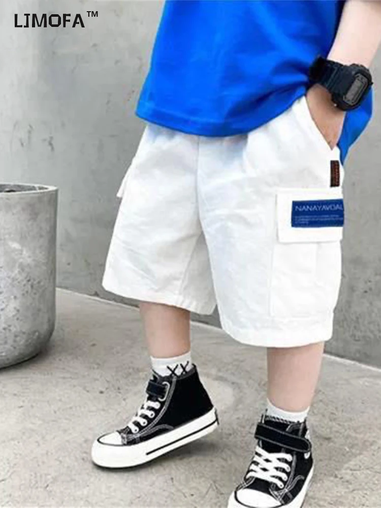 

LJMOFA Boys Cargo Pants Summer Shorts For Kids Casual Child Sweatpants Solid Color Wide Leg Pants Teenager Fashion Clothes D350