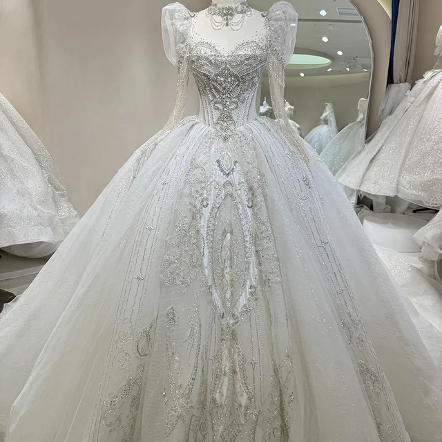 2024 New Gorgeous Wedding Dress Sheer Neck Lace Pearls Bridal Vestido De Noiva Ball Gown Plus Size Made Custom vestidos de novia DW032 3