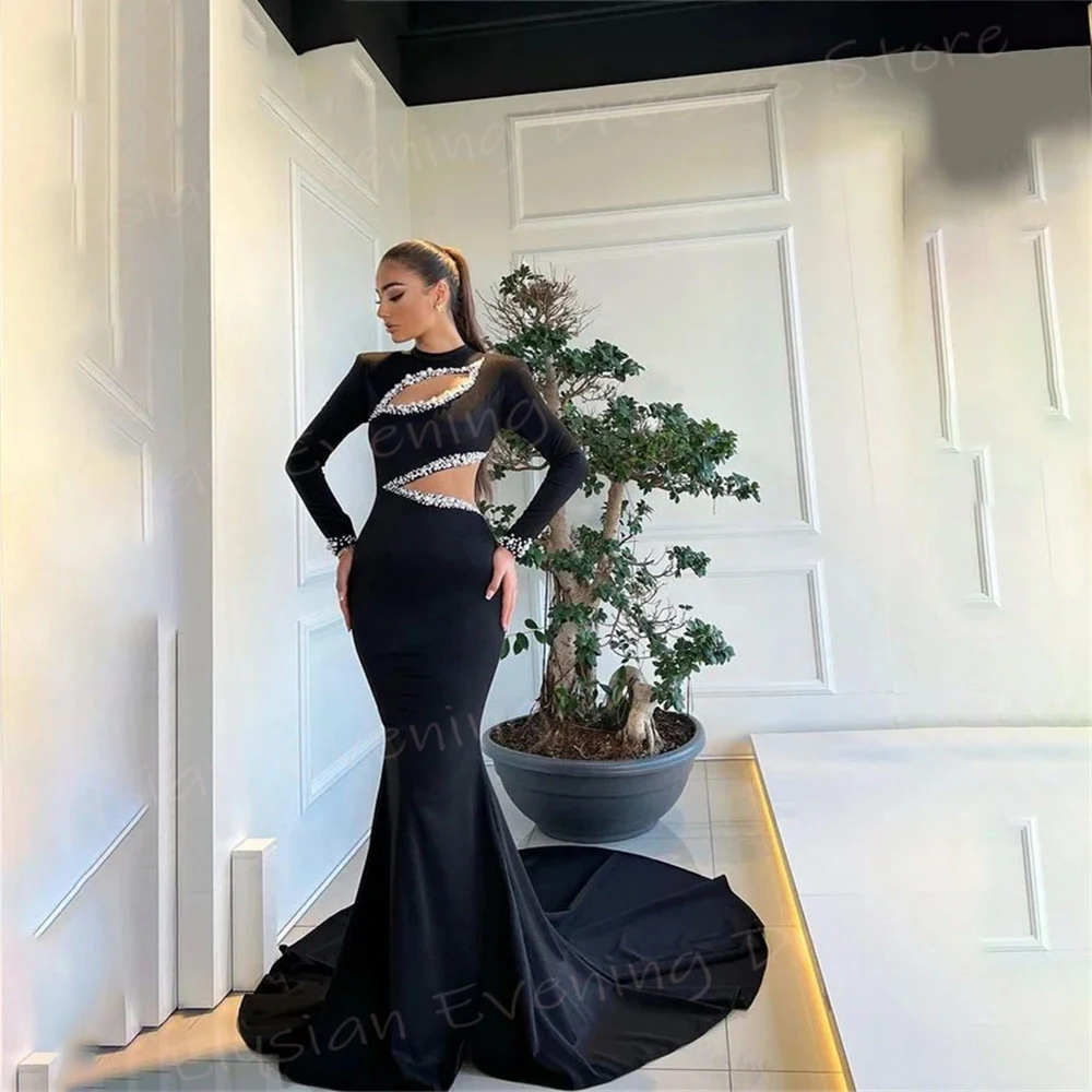 

Charming Classic Black Women's Mermaid Modest Evening Dresses Simple Generous O Neck Long Sleeve Prom Gowns Beaded Robe De Bal