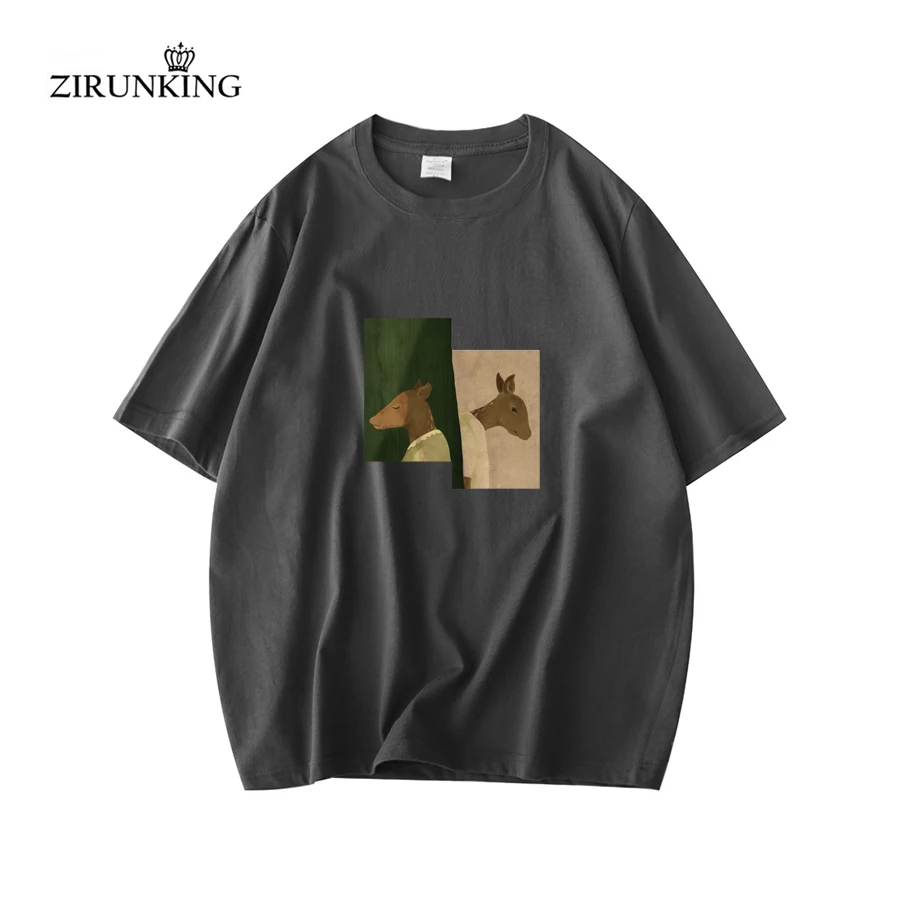 

ZIRUNKING Best Seller Couples T-shirts Combed Cotton Deer Cartoon Rubber Print Short Sleeve Tops Beige Purple Summer Tees Female