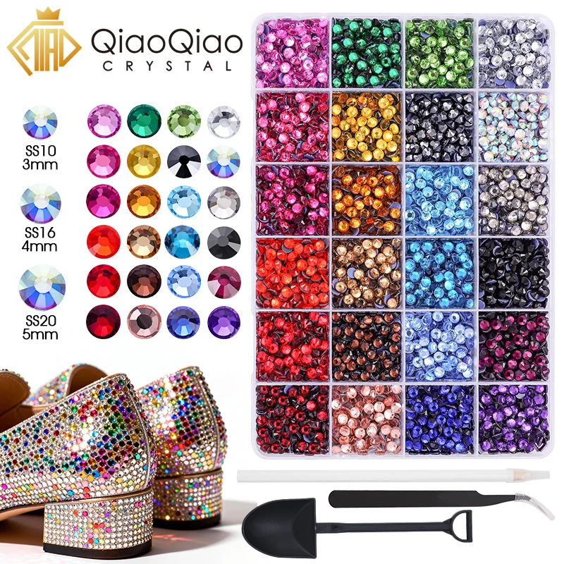 QIAO 24 Farben SS6-SS30 Hotfix-Strasssteine mit flacher Rückseite, Kristalle für DIY-Kleidung, Schuhe, Handyhülle mit Pinzette, Wachs-Bleistiftlöffel