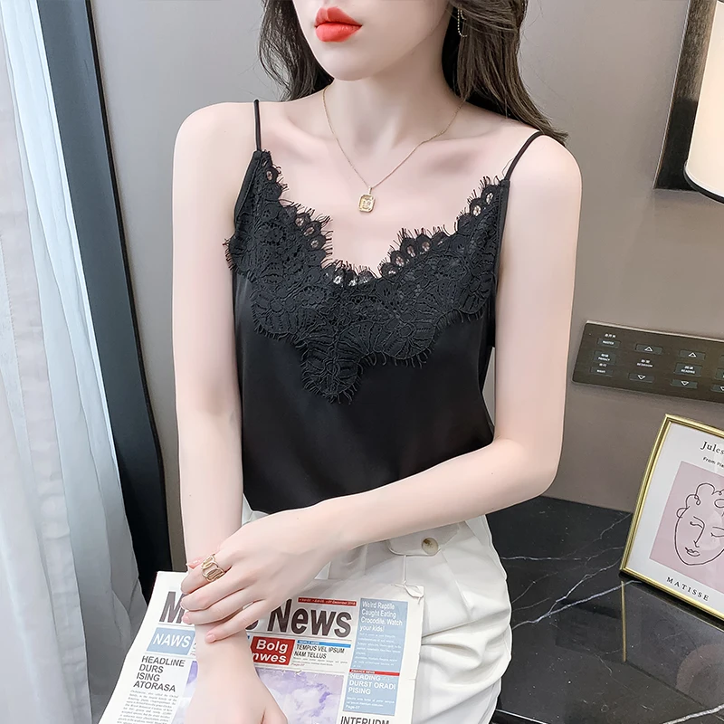 여름 한국 패션 실크 여성 Camis streetwear 새틴 섹시한 탑 레이스 민소매 흰색 여성 탱크 탑 블라우스 OL 여성 의류