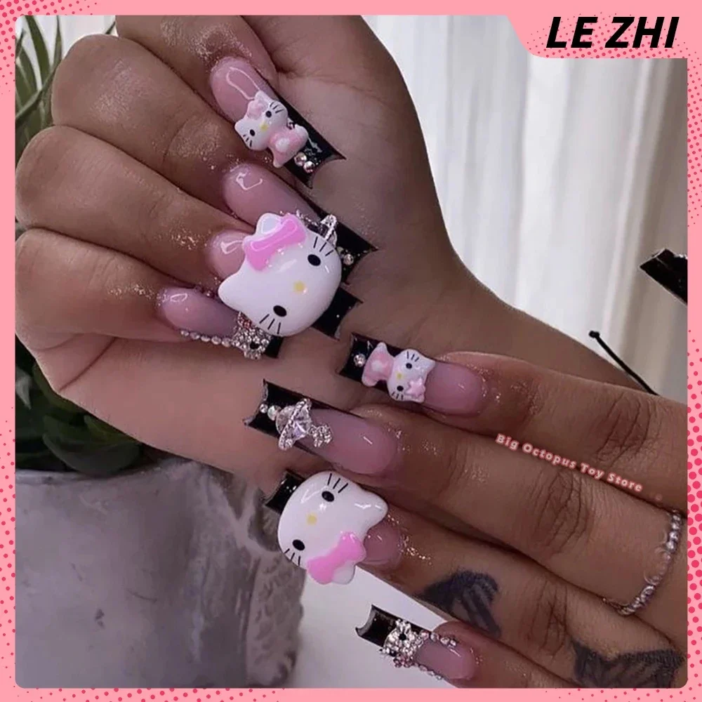 Unghie quadrate corte XL Hello Kitty Unghie finte fatte a mano francesi  Mymelody Maiden Heart Luxury Diamond Press On Nails Adesivi per feste -  AliExpress, image size:1000x1000
