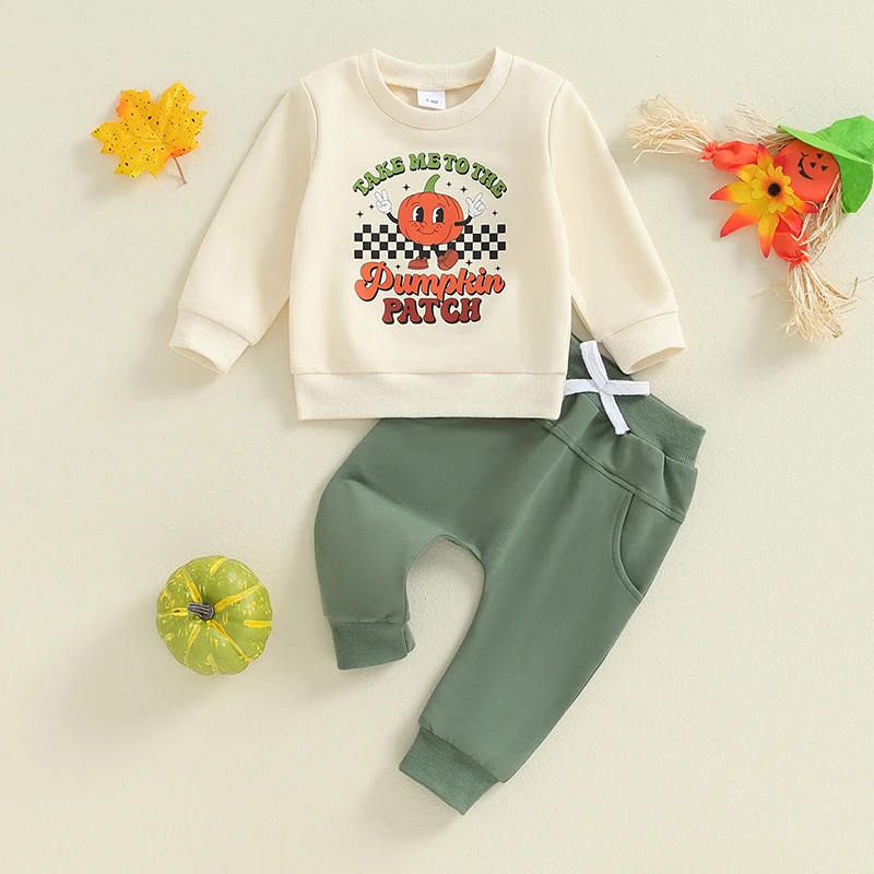 

Костюм для мальчиков на Хэллоуин, свитшот с длинным рукавом и принтом тыквы, длинные штаны, осенний комплект из 2 предметов