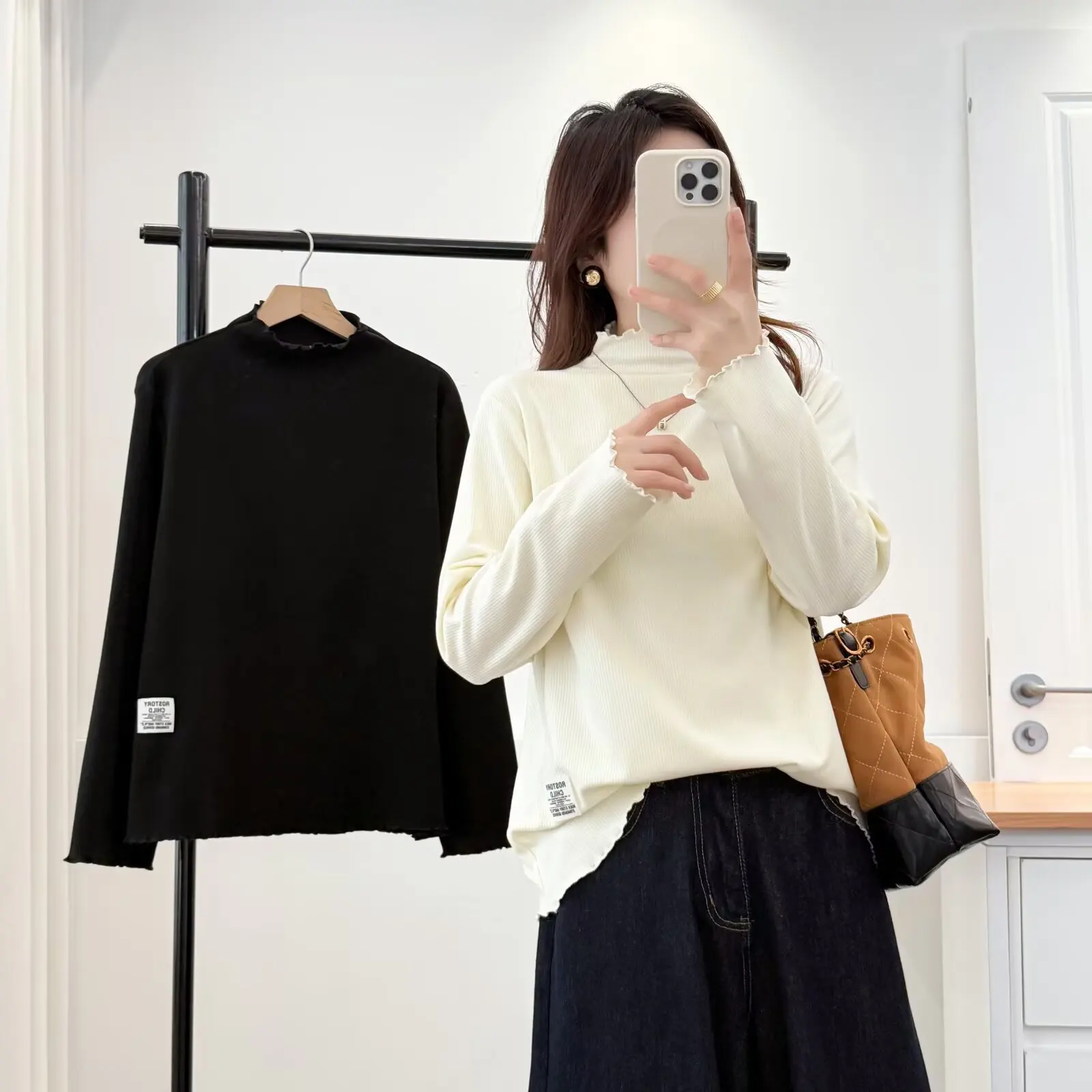 XXXXL Fashion Plus Size Woman Clothing T-Shirt New Autumn And Winter Simple Basic Style Ruffled Neck Warm Tops 191