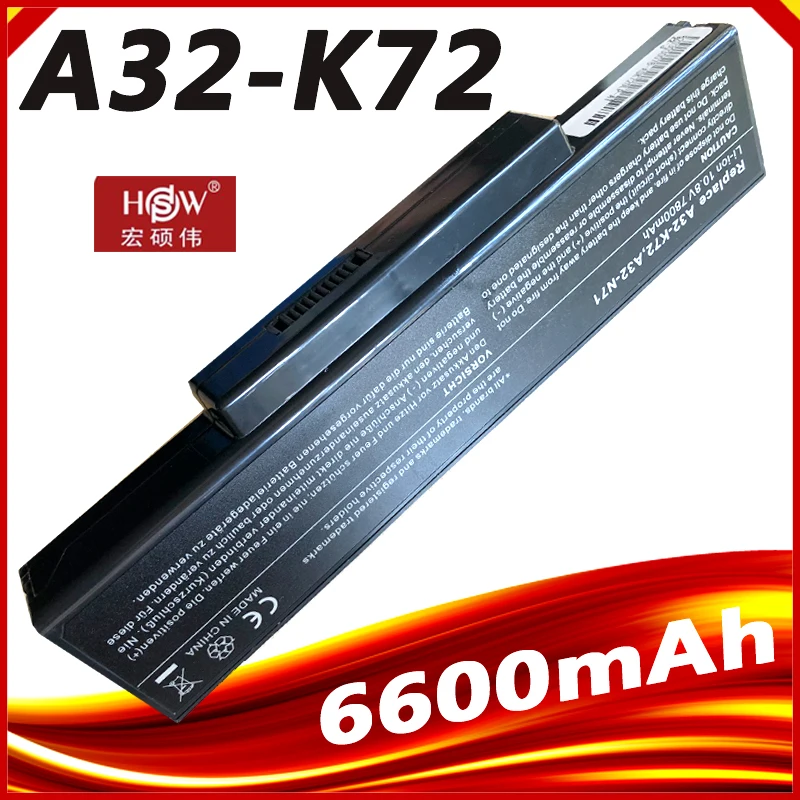 Bateria para Asus A32-k72 A32-n71 K72dr K72 K72d K72f K72jr K73 K73sv K73s K73e N73sv X77x77vn N73sv Células 6600mah