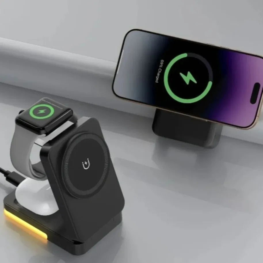 VIKEFON 3 in 1 Wireless Charger Stand LED Light Foldable For iPhone 16-12 Apple Watch 2-9 SE Airpods Pro Fast Charging Station
