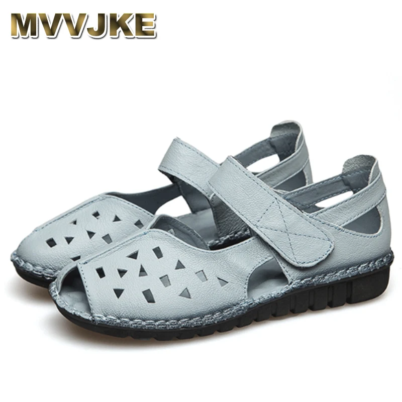 

Fashion Peep Toe Blue Mary Janes Shoes Mom Comfort Dance Ballet Flats Genuine Leather Summer Cut-outs Sandals Women's Loafers