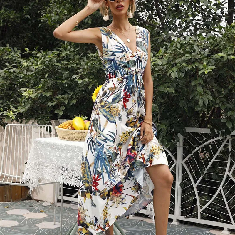 Beach Print V Neck Summer Dress Casual Sleeveless Slim Elegan Midi Robe