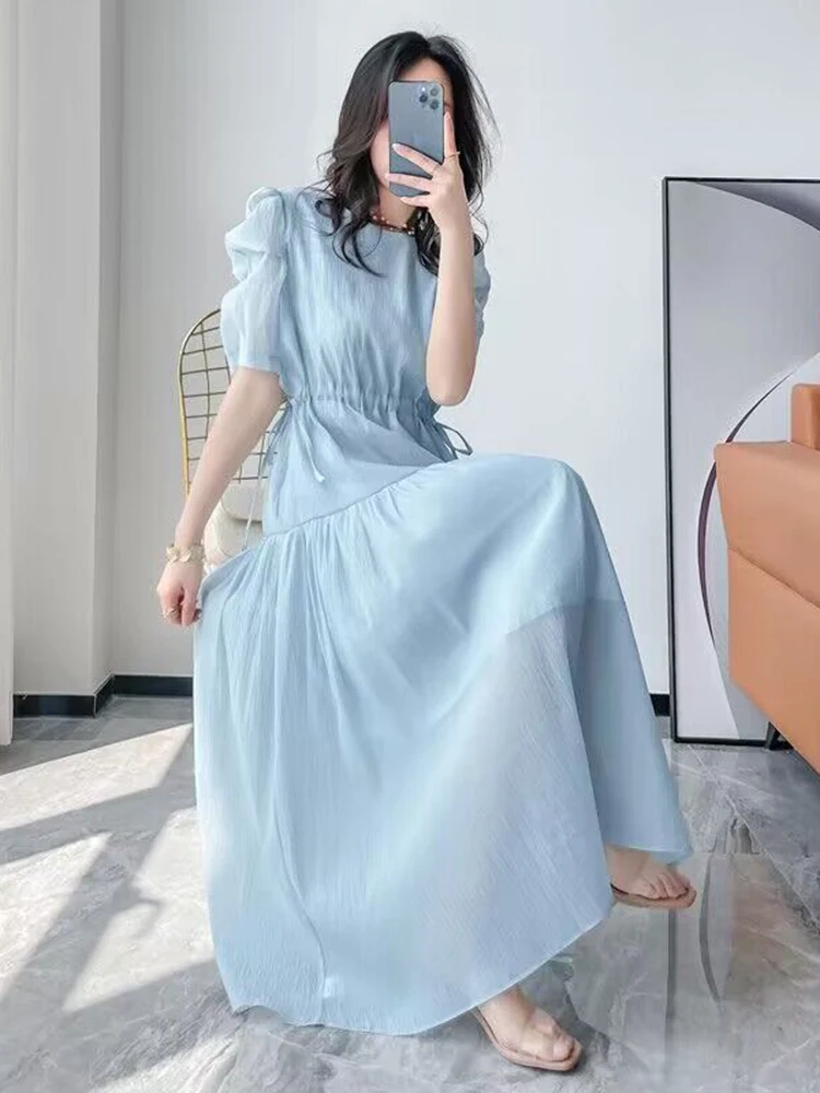 Women Dress Elegant Women Blue Dresses New Drawstring Slim Waist Short Sleeve Summer Dress Korea Fashion Solid color Chiffon Long Dress