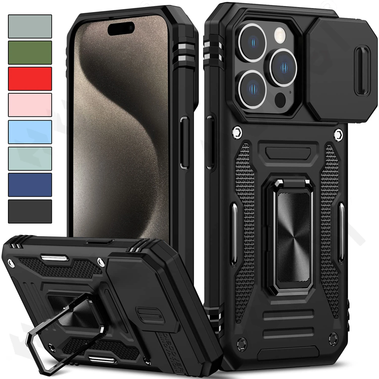 Case For iPhone 15 14 13 12 11 Pro XS Max Plus XR 8 7 Plus SE 2022 2020 Ring Stand Armor Anti-fall Slide Camera Kickstand Cover