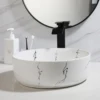 ZAPPO Bathroom Vessel Sink 14 Inch Above Counter Ceramic Vessel Sink with Faucet and Drain Combo Marbling Bathroom Sinks Round 2