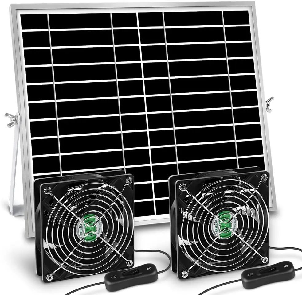 

Solar Powered Fan, Solar Fan for Outside, Shed, Chicken Coop, Greenhouse with Two IPX7 Waterproof Fans 13Ft On/Off Switch Cable