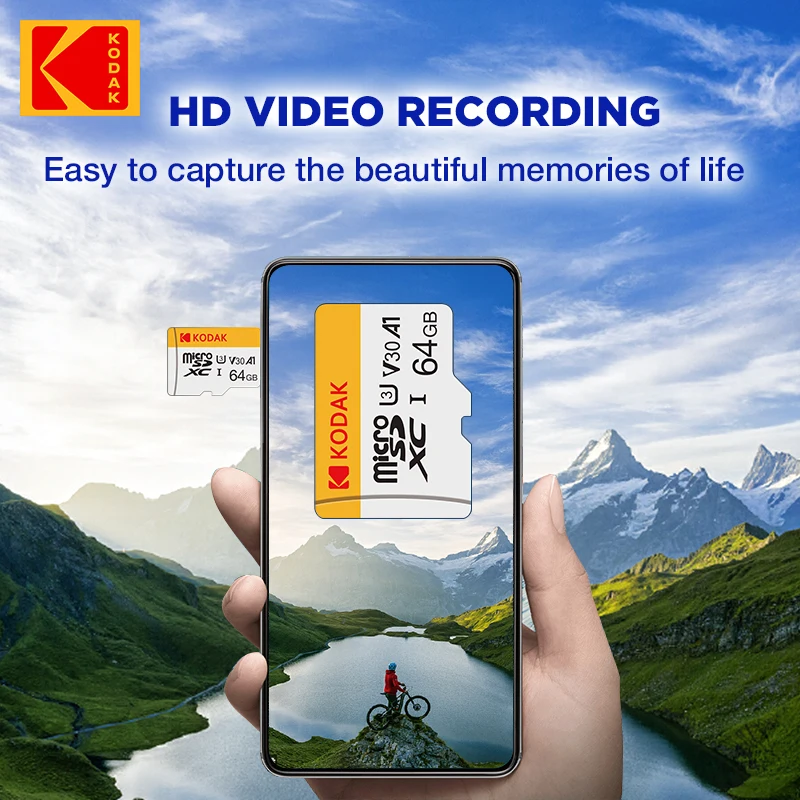 KODAK 마이크로SD 메모리 카드, 카드 리더 어댑터 포함, PC용 마이크로SD, 클래스 10 U3, 128GB, 256GB, 최대 100 MB/s, 32GB, 64GB, TF 카드, 4K HD