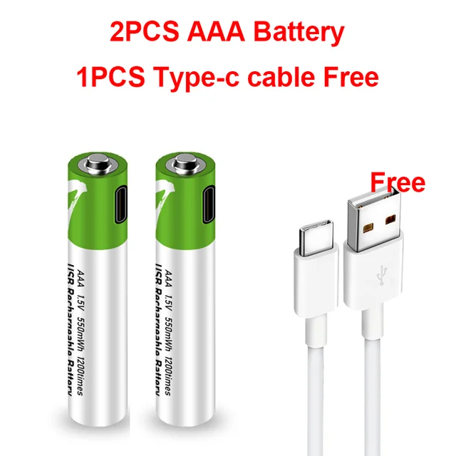 High capacity 1.5V AAA 750 mWh USB rechargeable li-ion battery for Remote control wireless mouse + Cable 2 PCS AAA and cable