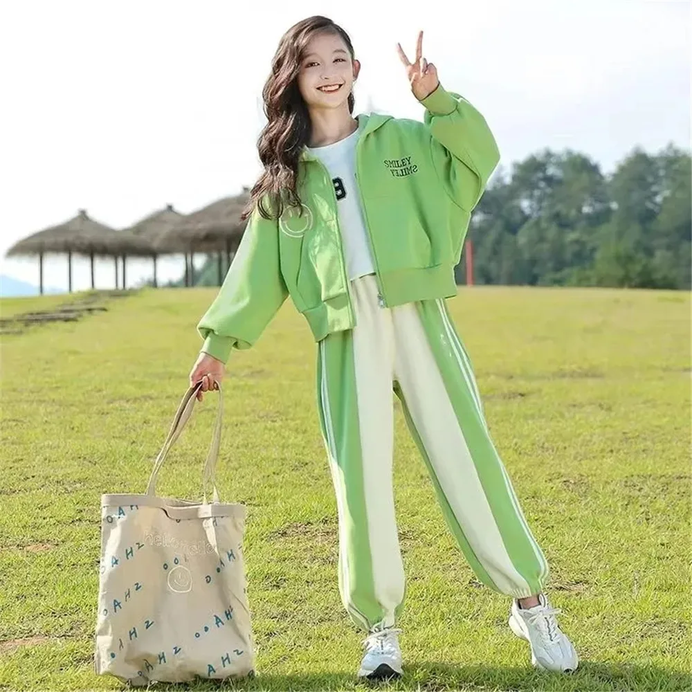 

Spring And Autumn Cotton Girls Suit 2022 The New Hooded Splicing Casual Children'S Clothing Teenager Clothing 2 Piece Set