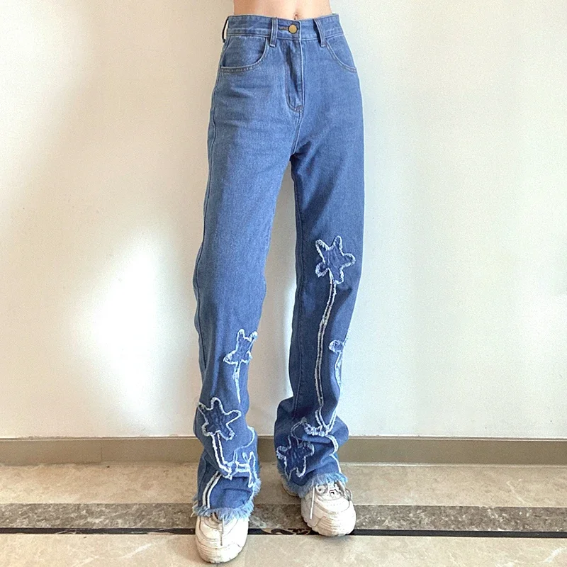 Raw Edge Washed Star Patch Oversized Flared Jeans Women Y2k Fashion Street Clothing Retro High Waist Baggy Denim Trousers