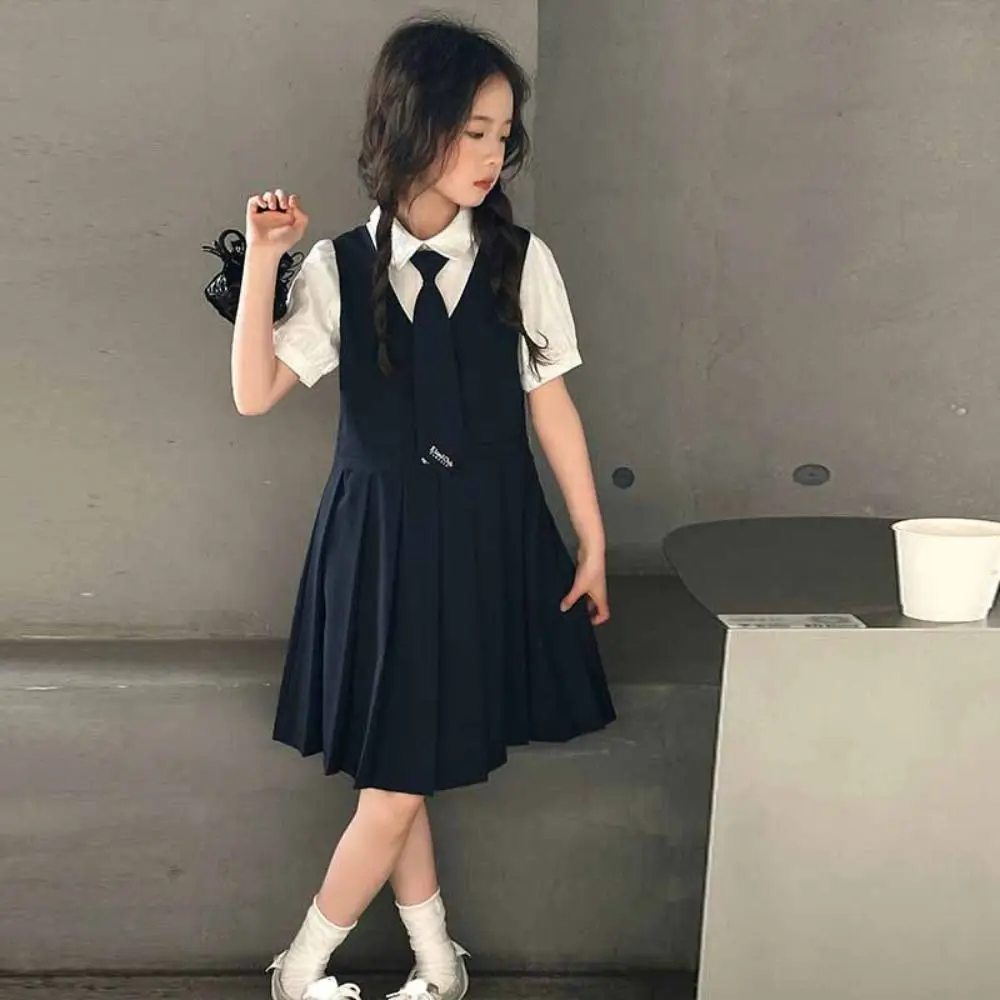 Fashion Pleated Fake Two Dress Preppy Style Teenagers Summer Girls Dresses Skirts Short Sleeve Children A-line Dress Students