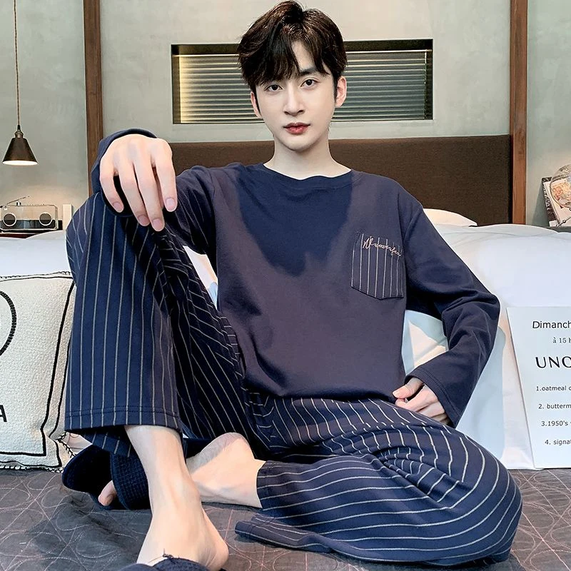 Autumn Long Sleeve Cotton Pajamas Sets for Men Korean Loose High Quality Sleepwear Pyjamas Male Homewear Home Clothes