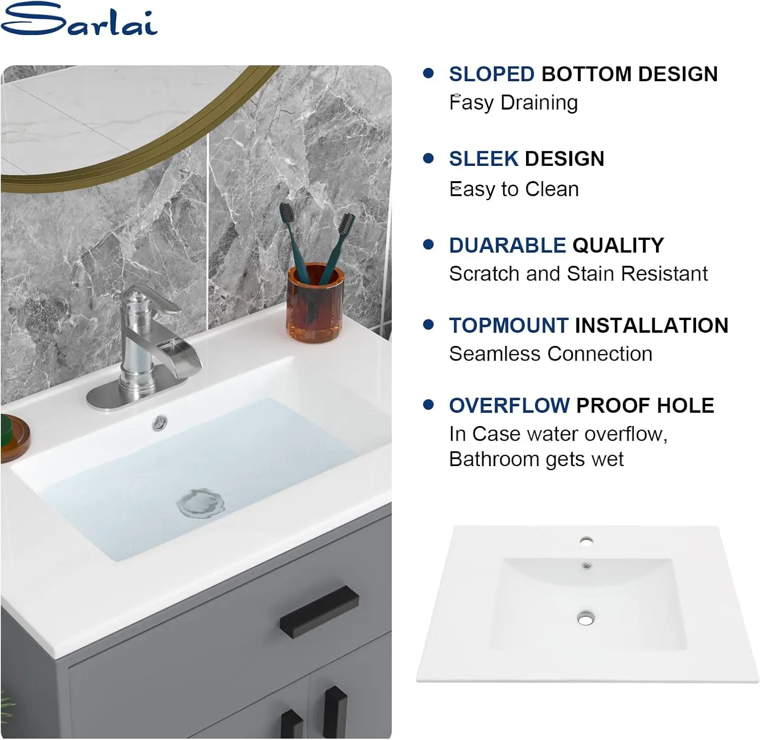 USA 30 Inch Bathroom Vanity Sink Tops - White Drop In Bathroom Sink Ceramic Topmount Rectangular Vanity Top with Overflow 4