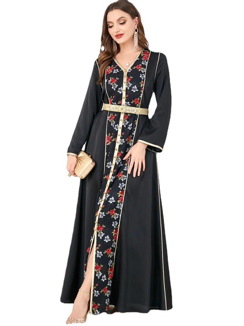 

Abaya For Muslim Women Floral Embroidery Lace Insert Belted Dress V-Neck Beading Islamic Dresses Jalabiyat Ramadan 2023