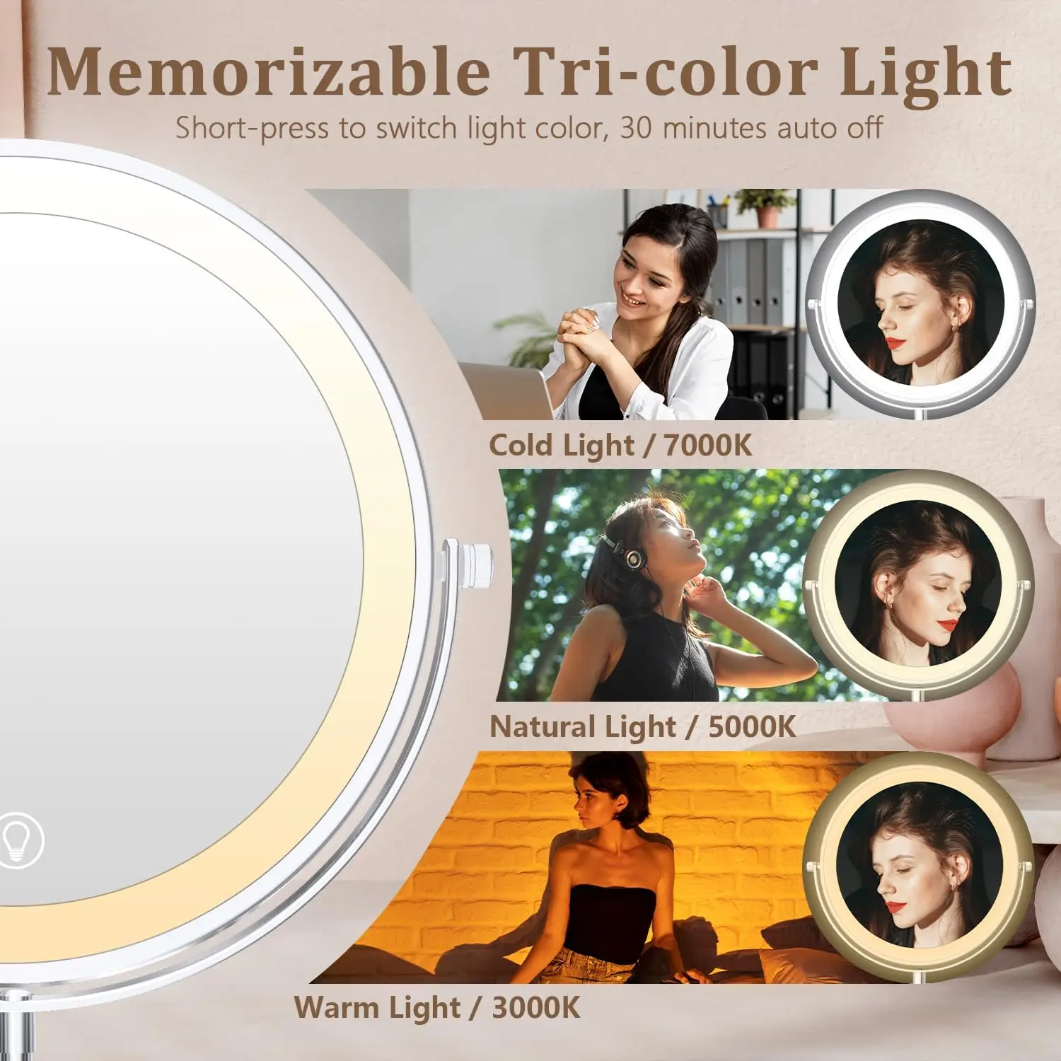 Makeup Mirror Magnifying Mirror 9inch Lighted Makeup Mirror 3 Colors Adjustable