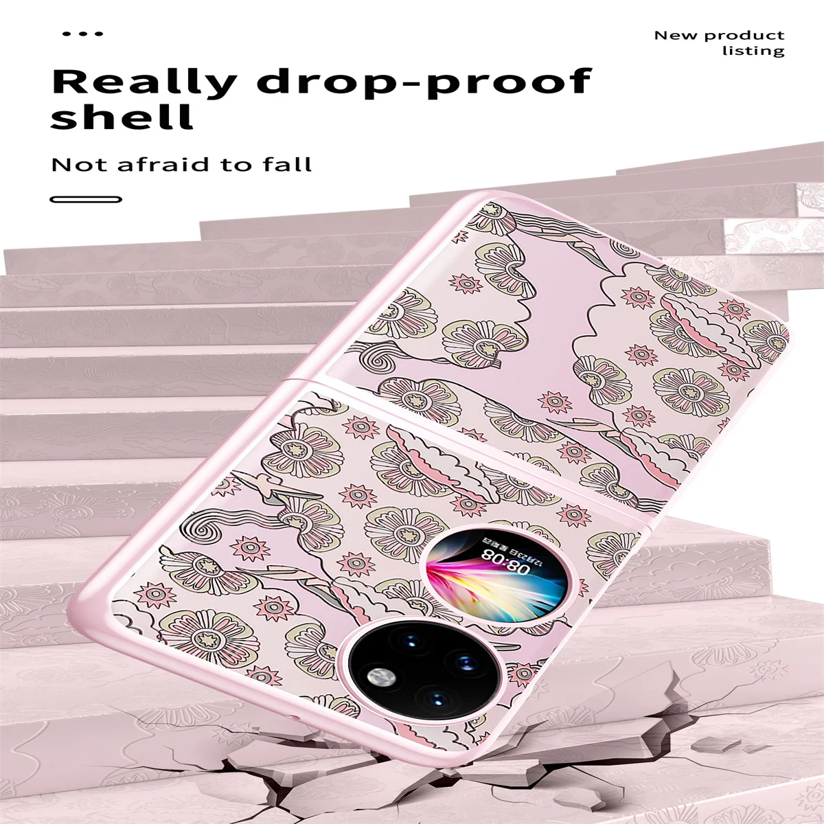 Plating Frame Relief Pattern For Huawei P50 Pocket ,Embossed Leather Shell For Pocket S With Round Bezel Against Falling