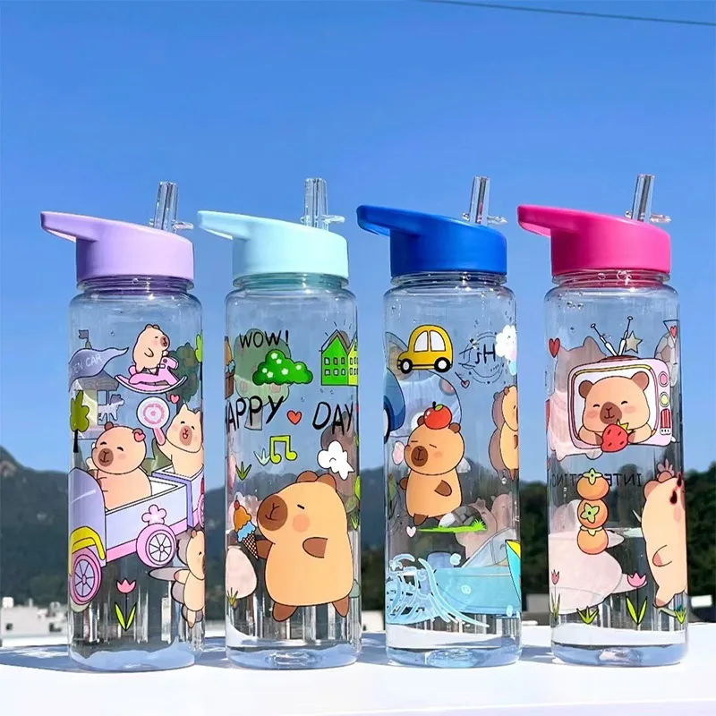 Cartoon Capibala Pattern Water Bottle Leakproof Plastic Straw Cup Portable Outdoor Travel Large Capacity Sports Cup 750ml
