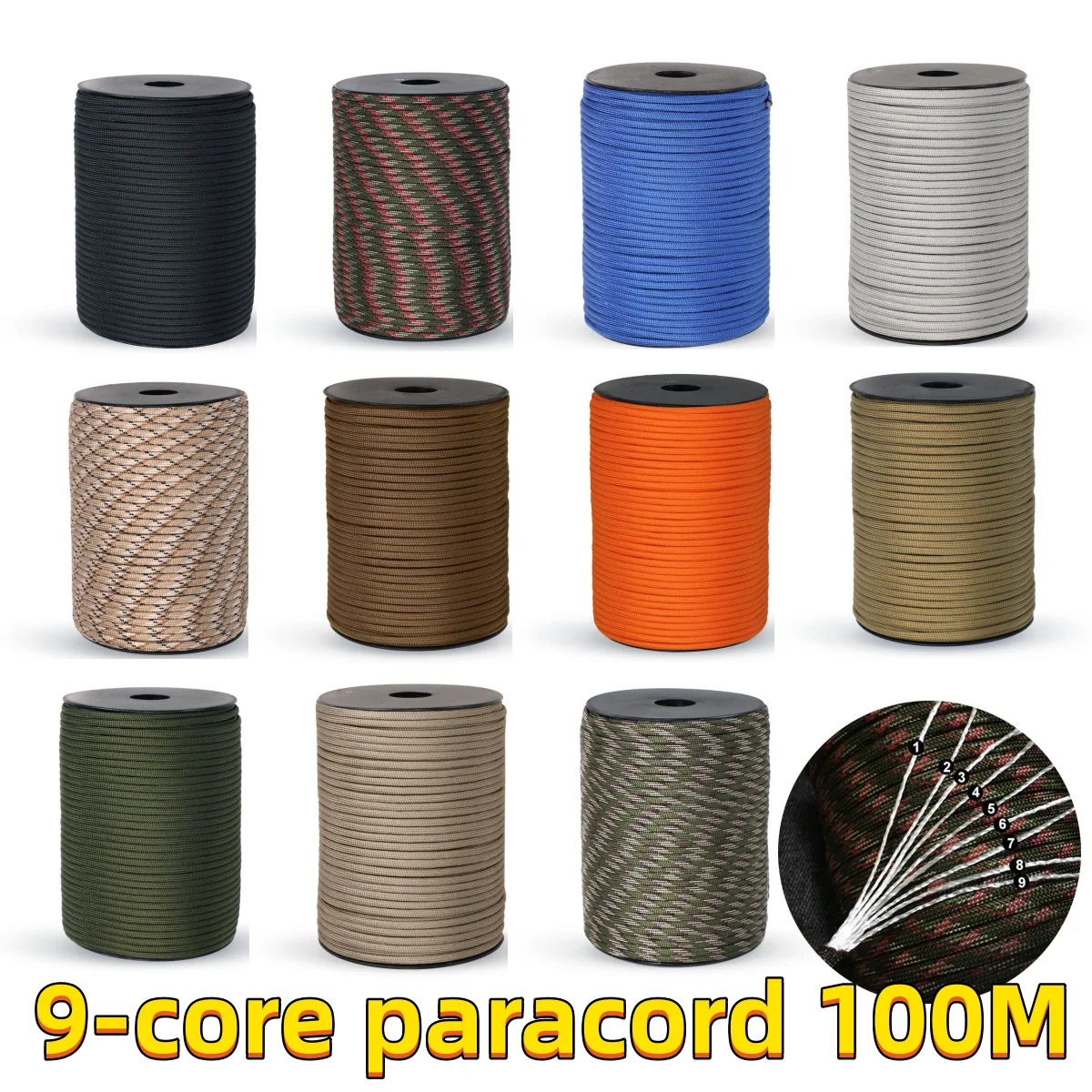 

100M 550 Military Standard 9-Core Paracord Rope 4mm Outdoor Parachute Cord Survival Umbrella Tent Lanyard Strap Clothesline