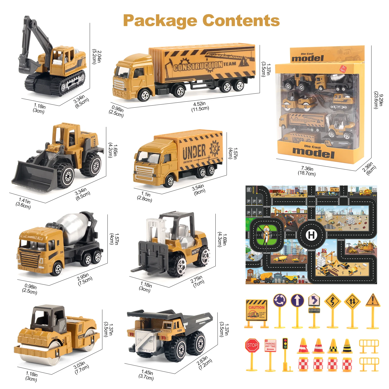8pcs/set Alloy Engineering Truck with Road Sign&Mat Classic Construction Model Vehicle Excavator Loader Tractor Toy Car for Boys 2