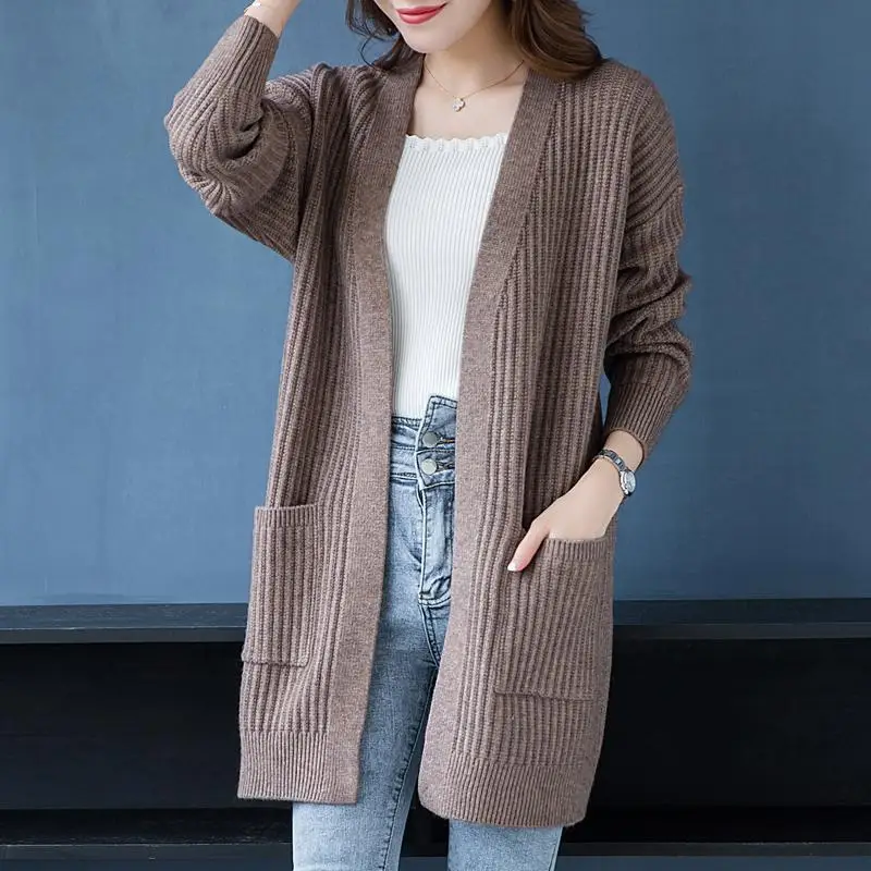 

Autumn Winter Women's Solid Pocket Lantern Screw Thread Long Sleeve Sweater Knitted Cardigan Coat Elegant Fashion Casual Tops