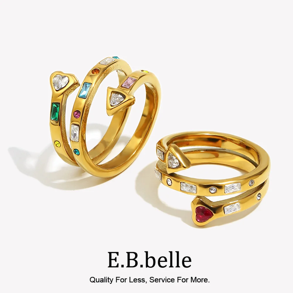 E.B.belle Dreischichtiger Herz-Pfeil-Zirkon Offener Ring Silberfarben 316L Edelstahl Schmuck 18K Vergoldete Accessoires