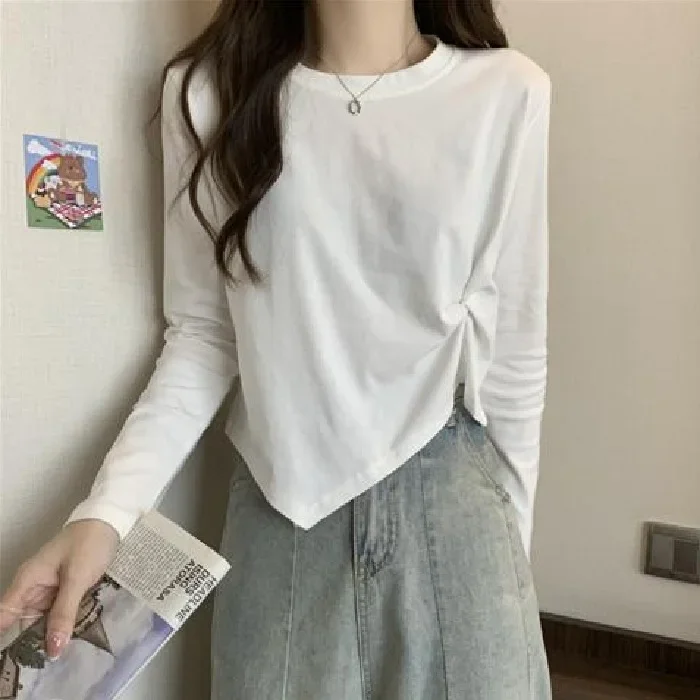 تي شيرت نسائي قصير بأكمام طويلة لربيع الخريف بطبقة...