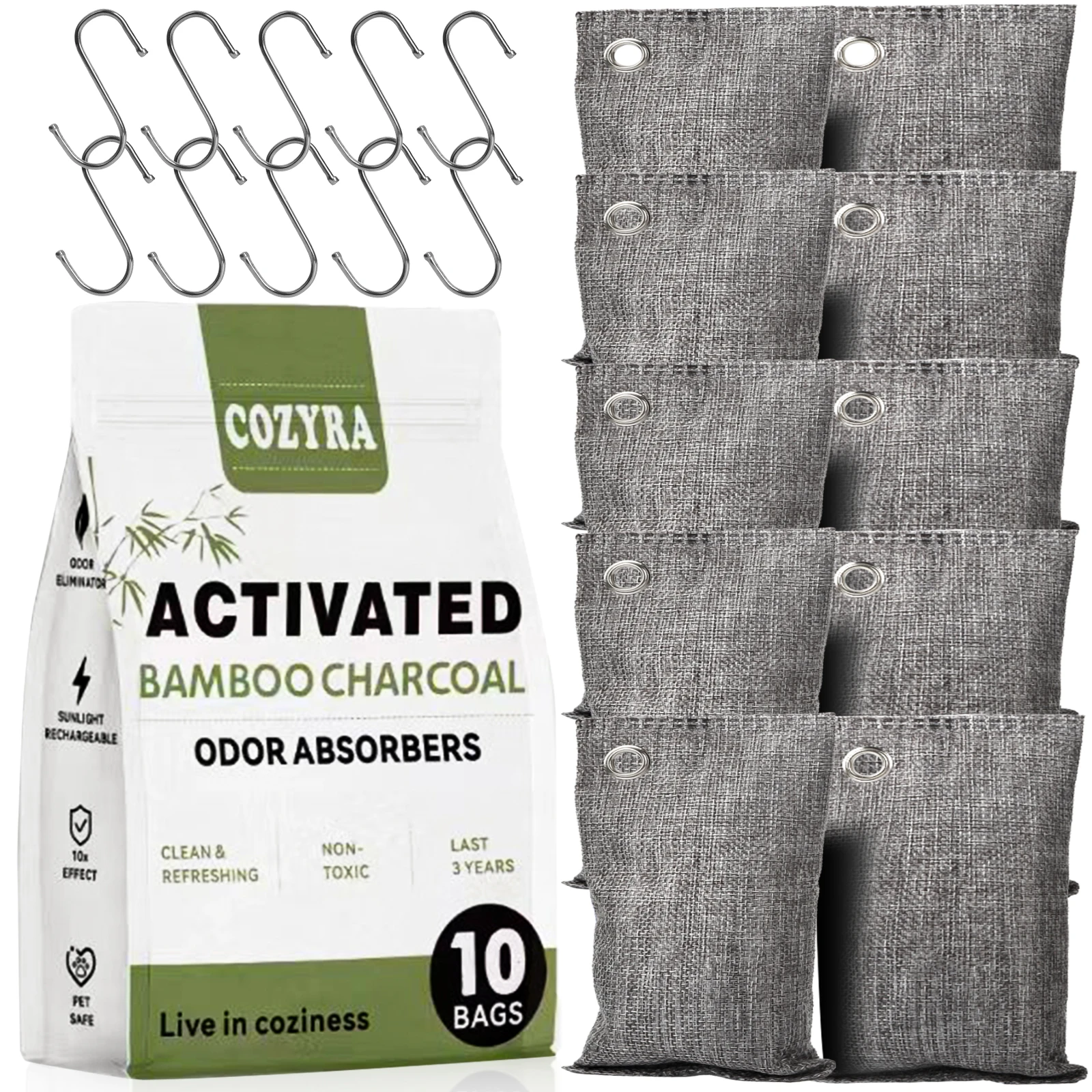 COZYRA Activated Charcoal Odor Absorber, 10x3.8oz with Hooks, Natural Fresh Bamboo Air Purifying Bags,for Closets, Cars, Pets