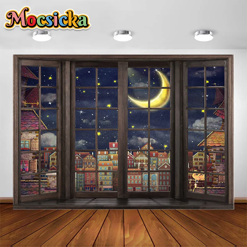 

MOCSICKA Window Spring Night Dream Town Photography Background Newborn Baby Portrait Backdrop Photographic Studio Props