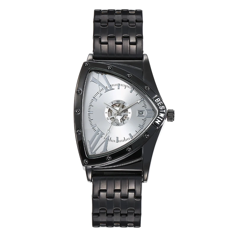 BESTWIN  With Calendar Triangle Men Personality Watches Black Stainless Steel Strap Waterproof The New Quartz Watch
