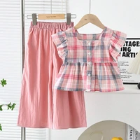 Ensemble deux pièces d'été décontracté et élégant pour filles et adolescentes de 3 à 10 ans : haut à carreaux à col carré rose + pantalon large 2