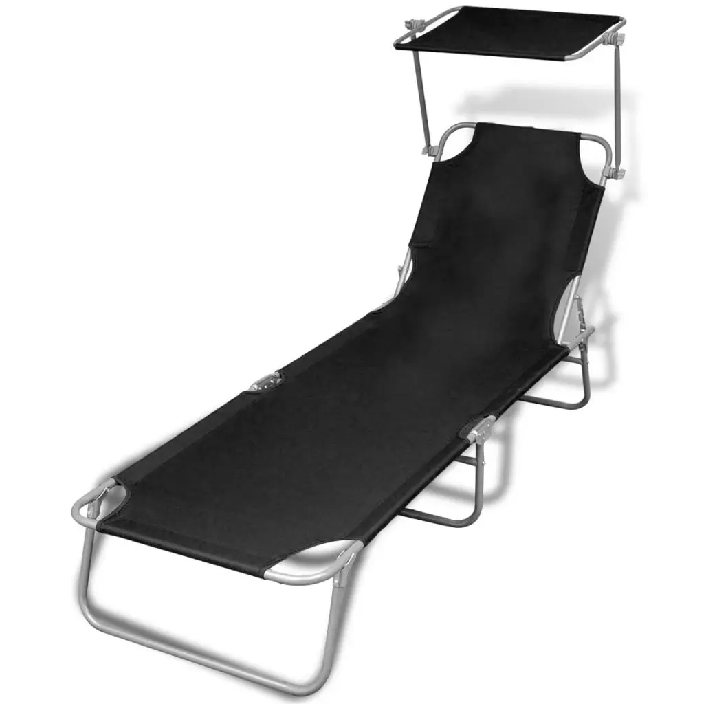 Outdoor Patio Garden Folding Sun Lounger Lounge Chairs for Pool Outside Deck with Canopy Steel and Fabric Black