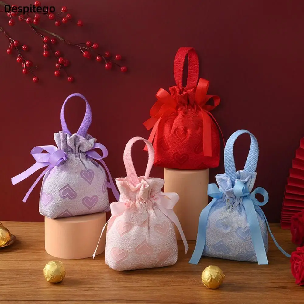

Creative Love Heart Canvas Wedding Handbag Bow Sugar Bag Handle Wedding Large Capacity Jewerly Gift Packing Bag