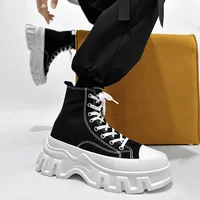 Unisex Canvas Round Toe Thick Sole Platform Chunky Heels Women Men Sneakers Lace Up Mixed Color New Fashion Western Casual Shoes 1