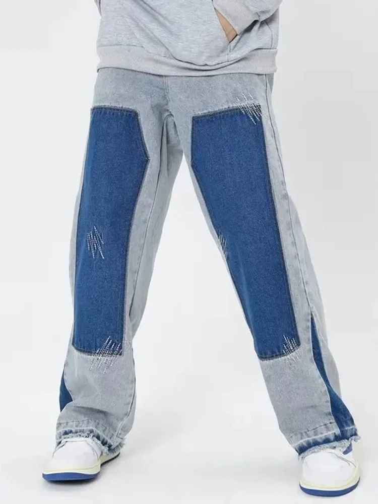 

YIHANKE men Jeans High Waist Vintage Straight Baggy Pants Chic Design Streetwear Stitching Hip Hop Y2K Denim Wide Leg Trouser