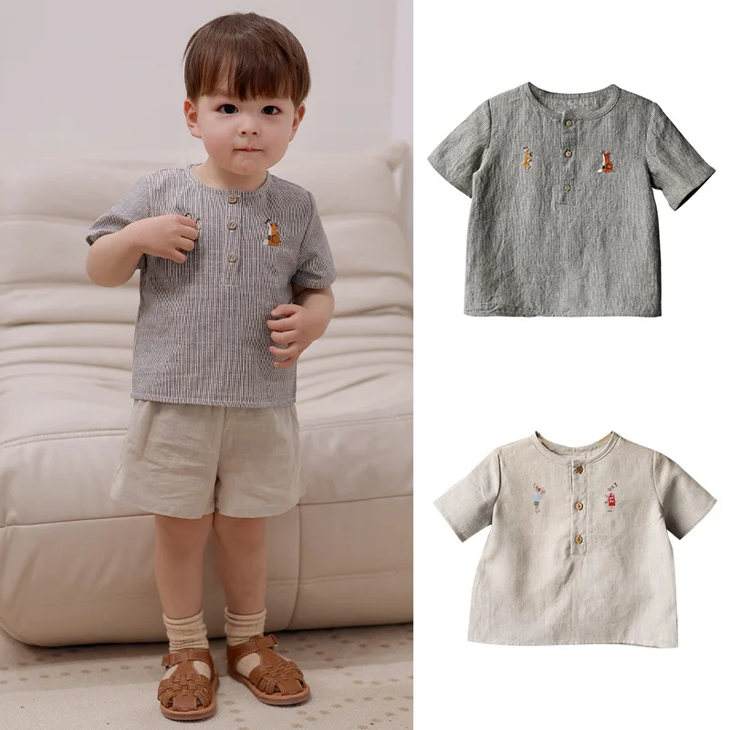Clibeso Summer New Children's Loose Cotton Linen Top Boys' Solid Color Shirt Long Sleeve Embroidered Animals Kids Clothes