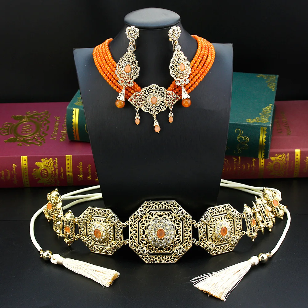 

Sunspicems Charm Morocco Caftan Waist Chain Belt Women Beads Choker Necklace Long Drop Earring Arabic Bride Wedding Jewelry Set