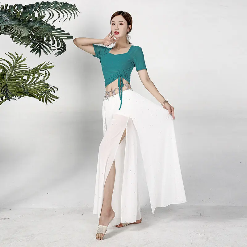 

Summer Belly Dance Sexy Mesh Top Suit Professional Top Wide-Leg Pants Ladies Dance Practice Performance Costume