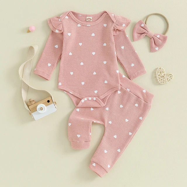 2023-09-12 Lioraitiin Infant Baby Girl Clothes Set Waffle Knit Heart Long Sleeve Romper Pants Headband Suit Outfits Fall Clothes 4